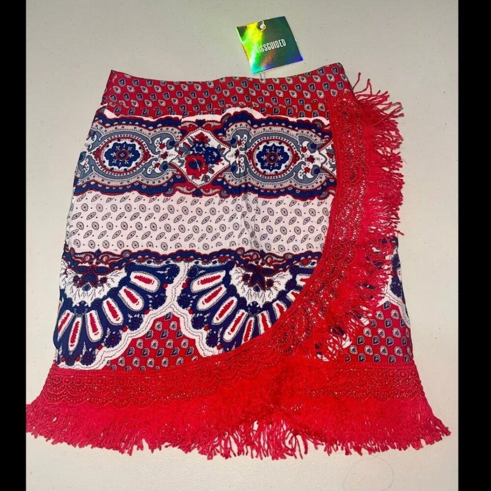 Missguided Paisley Fringe Wrap Mini Skirt